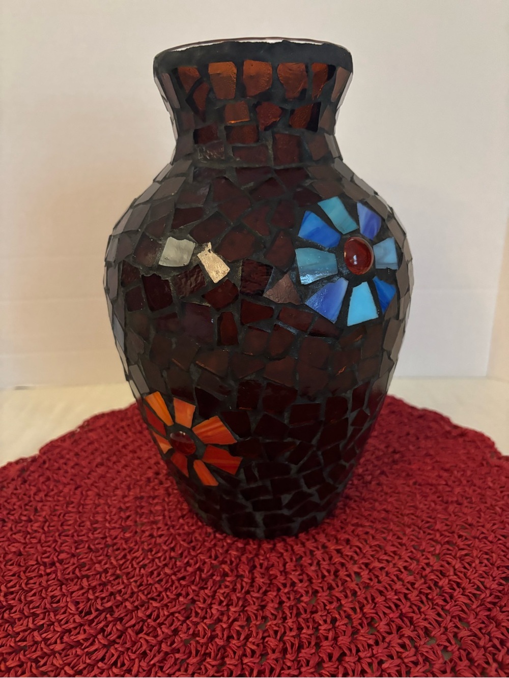 Mosaic Glass Flower Accent Vase - Brown with Blue & Orange Accents